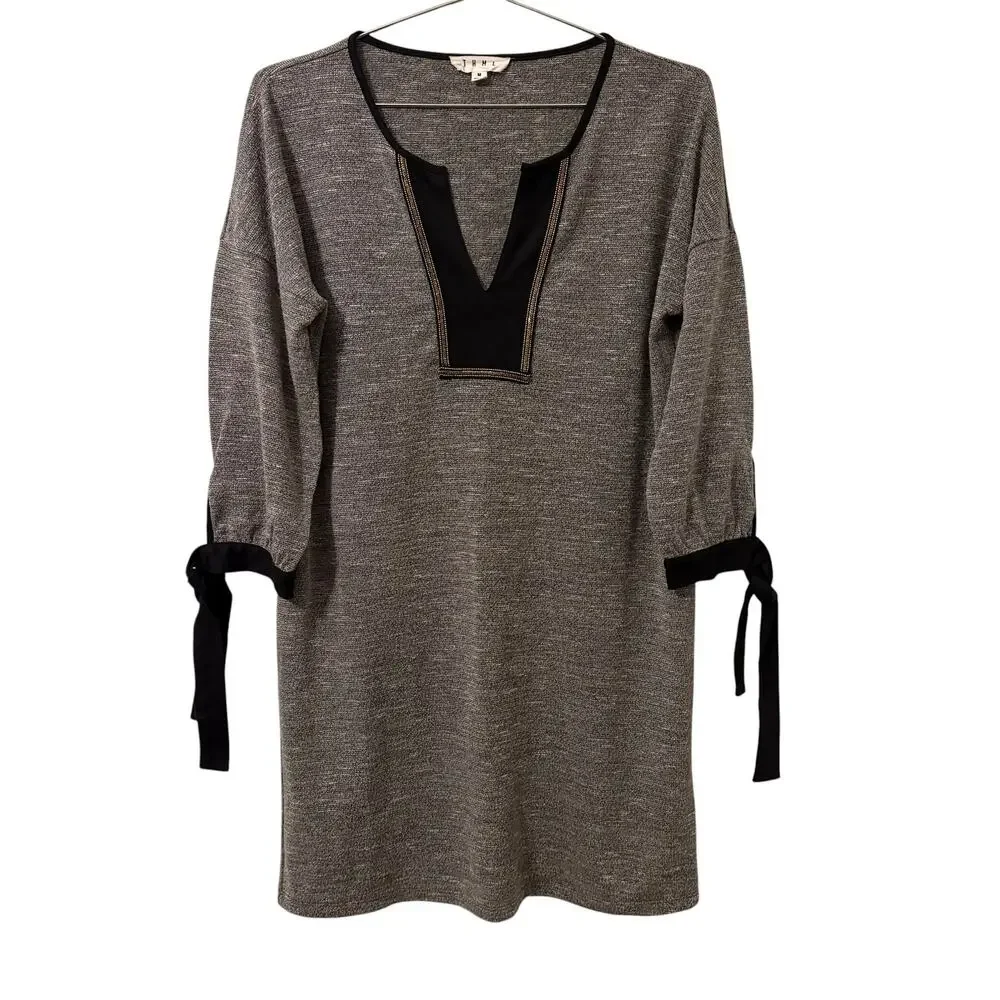 THML Heather Gray Knit Knee Length Dress Black and Gold Trim Neckline M